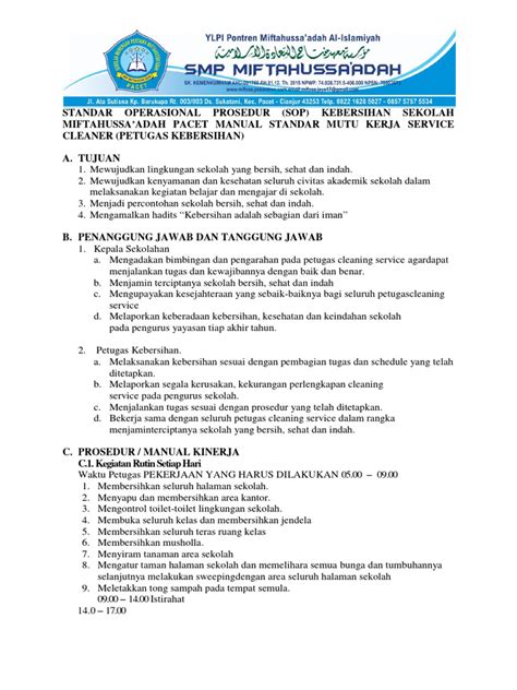 SOP Kebersihan Sekolah Miftahussa'adah | PDF