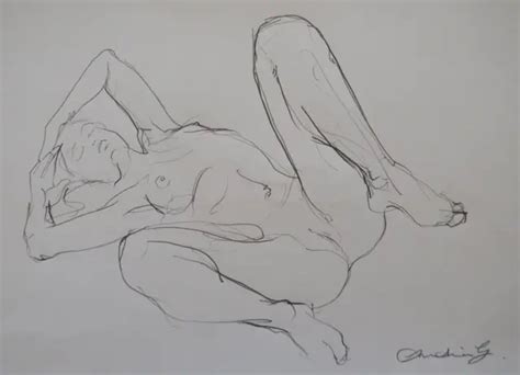 ORIGINAL PENCIL DRAWING Of A Female Nude In Reclining Pose Lying On Her