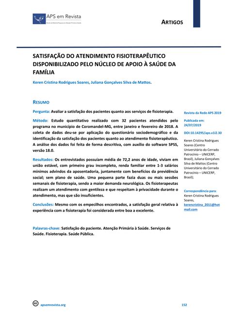 Pdf Satisfação Do Atendimento Fisioterápico Disponibilizado Pelo