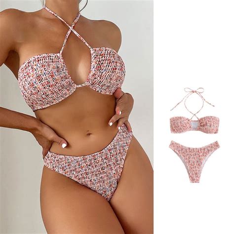 Pink Floral Bikini Set Women Sexy Halter Triangle Swimsuit Two Pieces