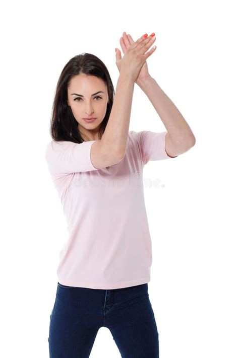 Beautiful Brunette Woman In Pink T Shirt Stock Photo Image Of Background Isolated