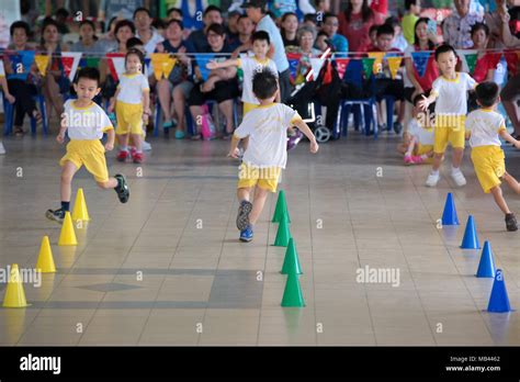 Les enfants sont en compétition dans une course en zig zag à leur sport