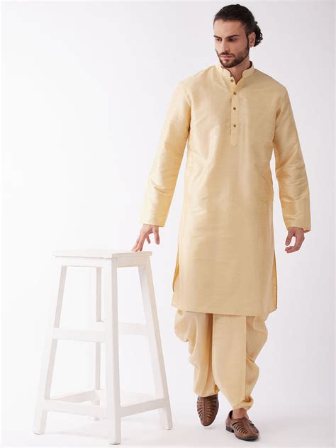 Vm By Vastramay Mens Gold Solid Silk Blend Kurta And Dhoti Set