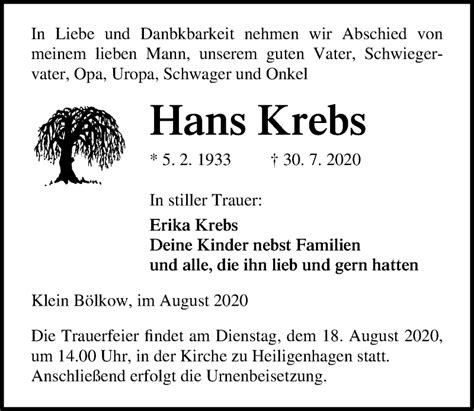 Traueranzeigen Von Hans Krebs Trauer Anzeigen De