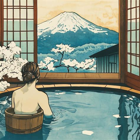 Woman Relaxing In A Hot Spring Bath With A View Of Mount Fuji Premium Ai Generated Image