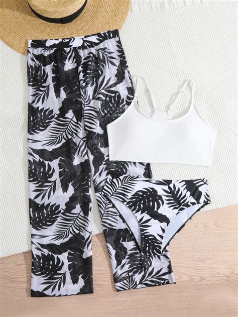 Shein Teen Girls Tropical Print Bikini Swimsuit With Cover Up Pants
