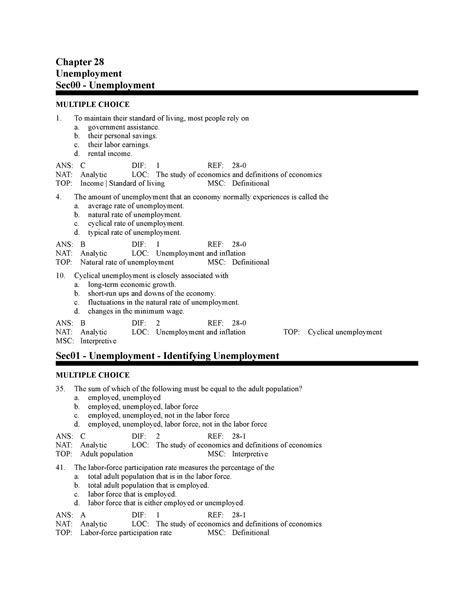 Ch 7 Unemployment Answers Chapter 28 Unemployment Sec00