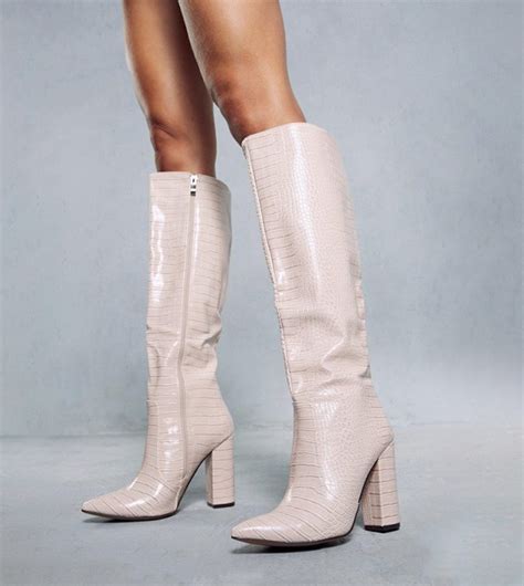Buy Misspap Leather Look Croc Knee Length Boots In Nude Thstreet Saudi Arabia