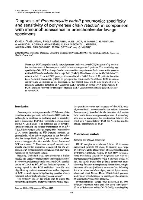 Pdf Diagnosis Of Pneumocystis Carinii Pneumonia Specificity And Sensitivity Of Polymerase