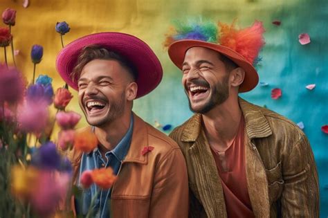 Una Hermosa Pareja Gay Feliz Con Los Colores Del Arco Iris En Un Campo De Flores Fondo De