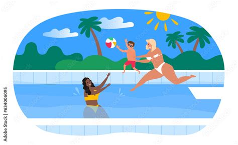 Lesbian Parents Women And Their Son Having Fun In Swimming Pool Lgbt