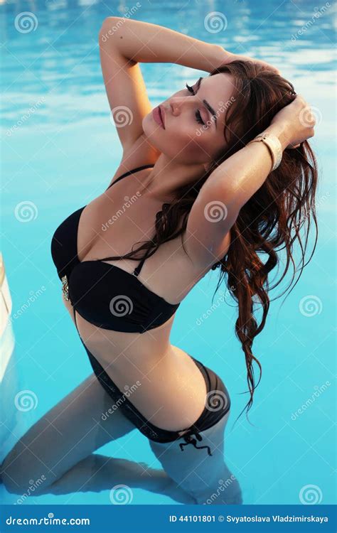Girl With Dark Hair In Bikini Posing In Swimming Pool Stock Image CartoonDealer