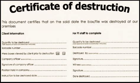 Free Certificate Of Destruction Sample Templates