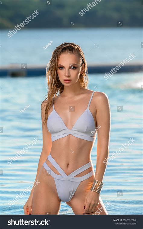 Sexy Blonde White Swimsuit Pool Stock Photo 2002392080 Shutterstock
