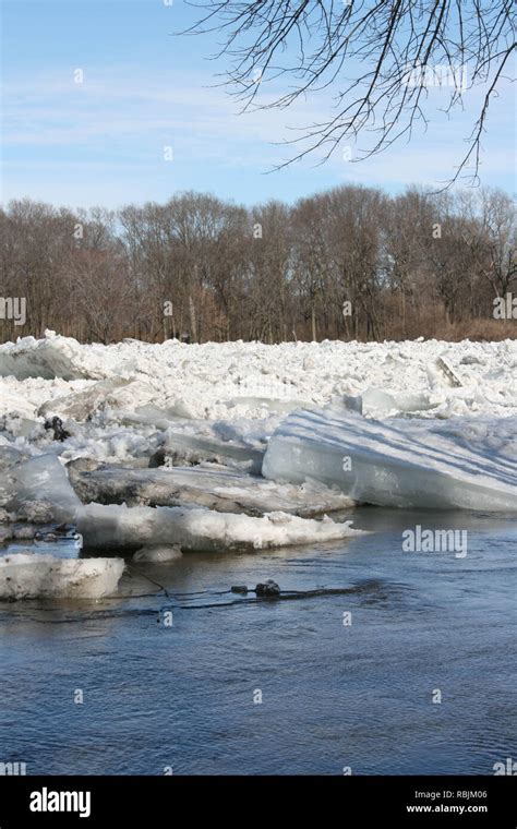 Winter Ice Jam On The Kankakee River In Illinois Usa Right Before It