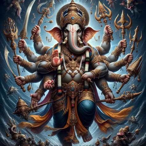 vira ganapati  valiant warrior lord  sixteen arms lord ganesha