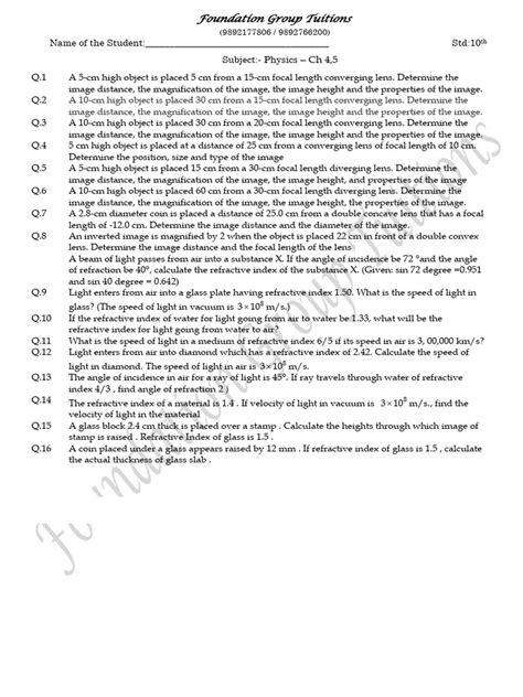 Numericals Ch 45 Itp Week2 Pdf Refraction Refractive Index