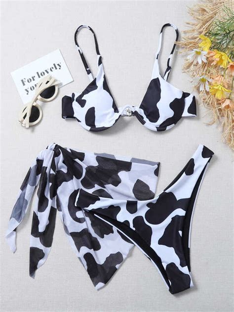 piezas bañador bikini con aro con estampado de vaca con falda playera Moda de Mujer SHEIN