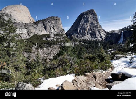 Nevada Falls Liberty Cap John Muir Trail Yosemite National Park California Usa Spring Snow