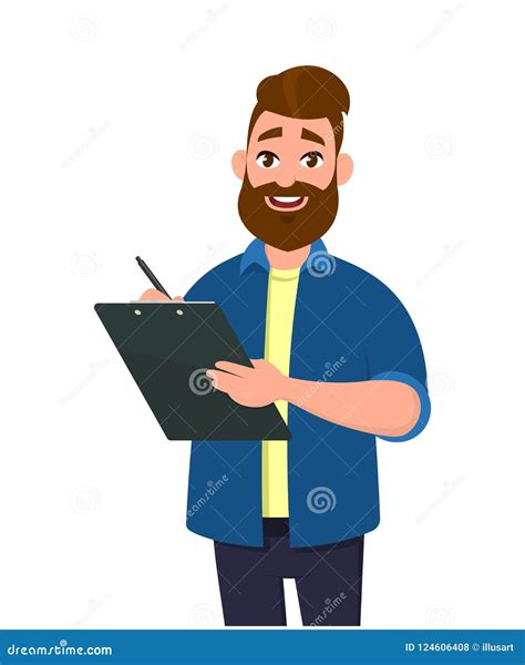 Man Holding A Clipboard And Writing With Pen A Report Or Document