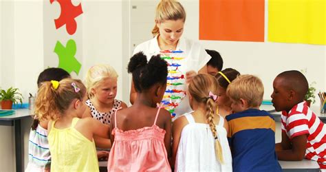 teacher guiding diverse children  classroom learning activity