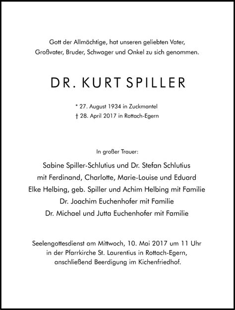 Traueranzeigen Von Kurt Spiller Trauer In NRW De