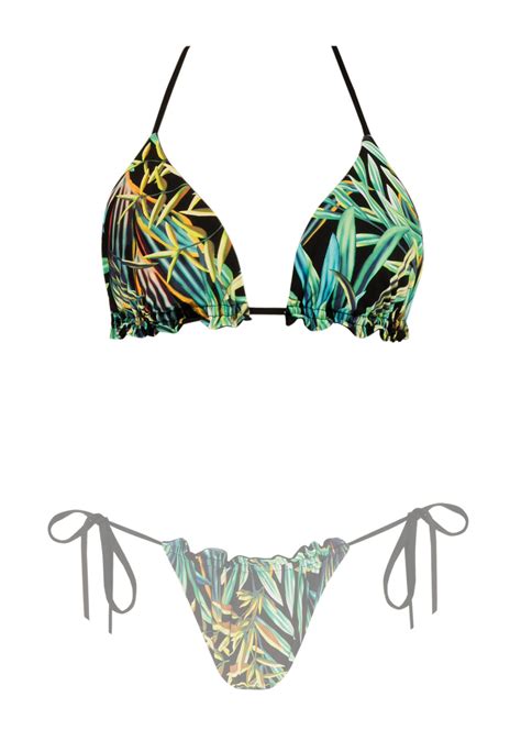 Wiązane majtki od bikini z ozdobnym marszczonym tyłem w tropikalne liście FD A Sklep Feba