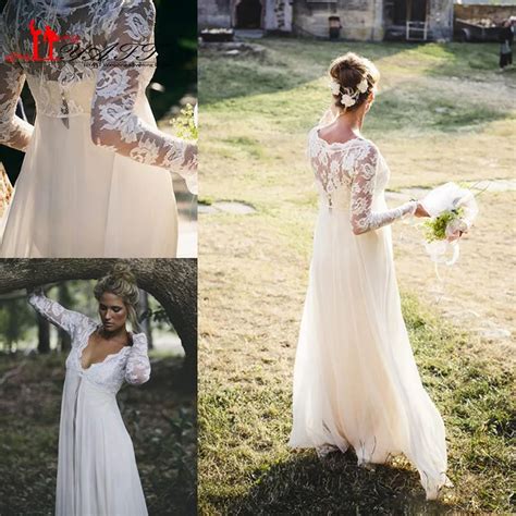 2017 Bohemian Long Sleeves Wedding Dress V Neck Empire Waist Lace