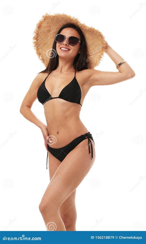 Jolie Femme Sexy Avec Corps En Bikini Noir Sur Fond Blanc Image Stock Image Du Beachwear
