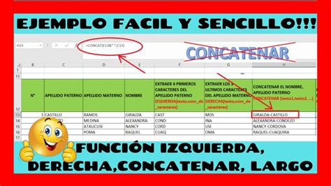 Ejemplo De La Funcion Izquierda Derecha Largo Concatenar En Excel