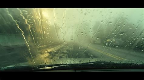 Car Driving Through A Heavy Rain The View From The Inside Of The Car