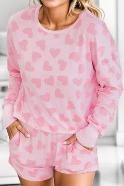 Heart Print Round Neck Top And Shorts Lounge Set Social Lounge Boutique