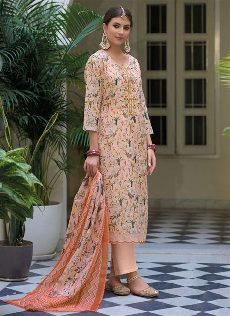 Buy Peach Linen Traditional Wear Gota Patti Work Readymade Salwar Suit