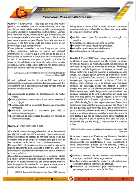 Realismo E Naturalismo Exercícios - Exercícios sobre Realismo e Naturalismo | PDF | Amor | Realismo (artes)
