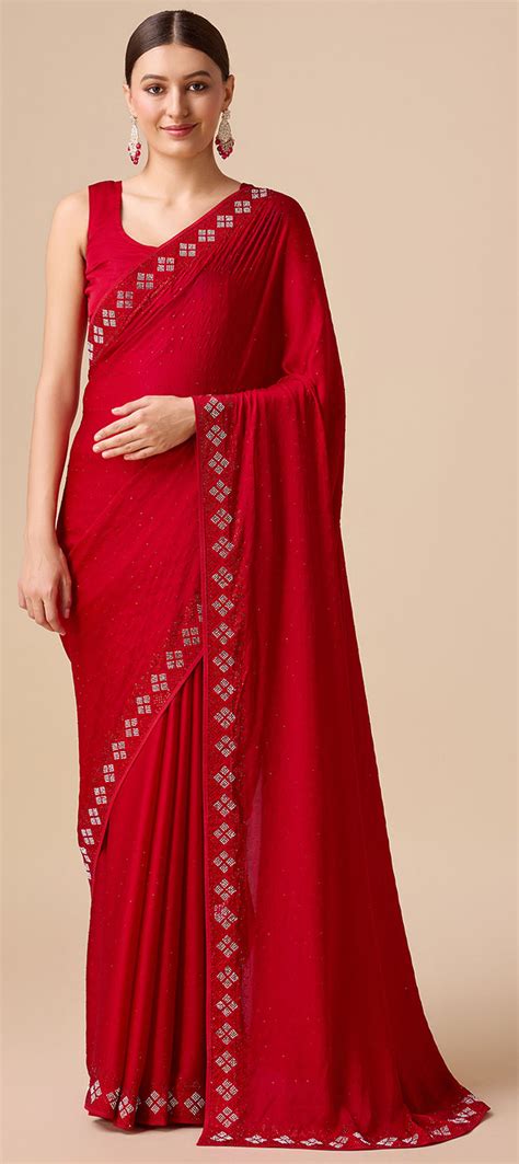 Reception Traditional Red And Maroon Color Satin Silk Fabric Saree