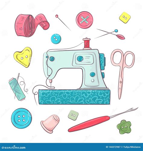 Set the Sewing Machine Sewing Accessories. Hand Drawing Stock Vector