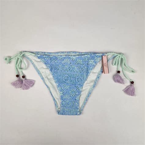 Victoria Secret Teeny Lace Blue Classic String Bikini Swimsuit Bottom