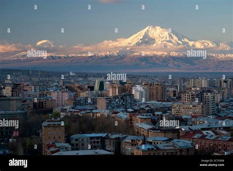 Morning View Of Mt Ararat Towering Over The City Skyline Of Yerevan