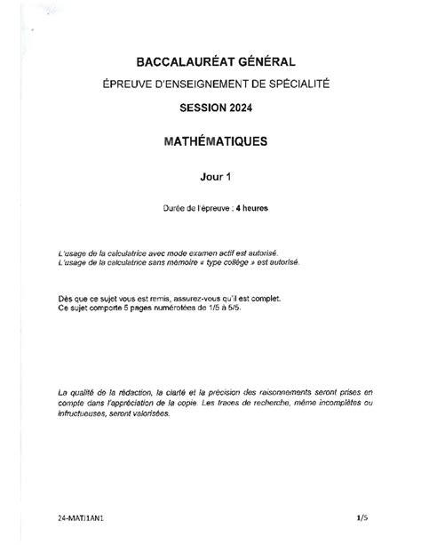 Corrigé Bac Maths 2024 10