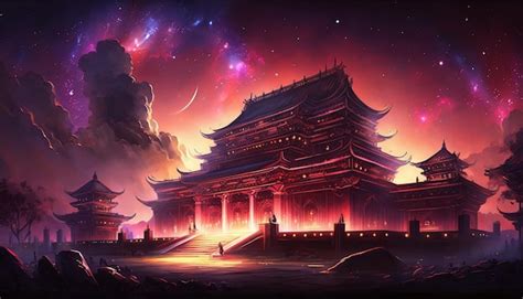 Premium Photo A Chinese Temple In The Sky With A Purple And Blue