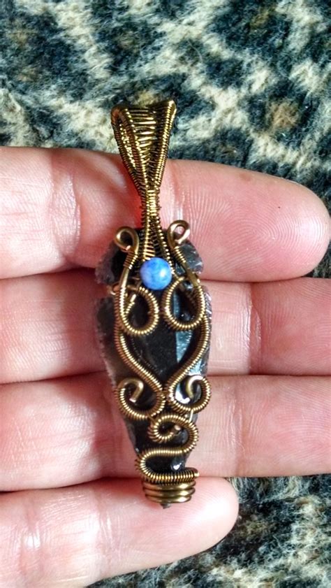 Obsidian Arrowhead Wrapped In Vintage Bronze Wire Pendant Vintage