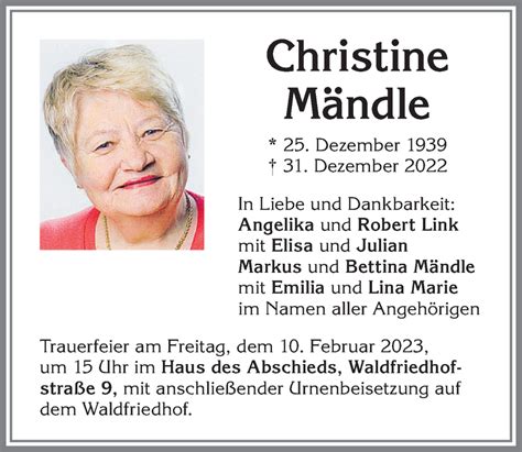 Traueranzeigen von Christine Mändle Augsburger Allgemeine Zeitung