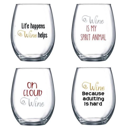 Set Of 4 Stemless Wine Glasses With Funny Cute Sayings Etsy Wine