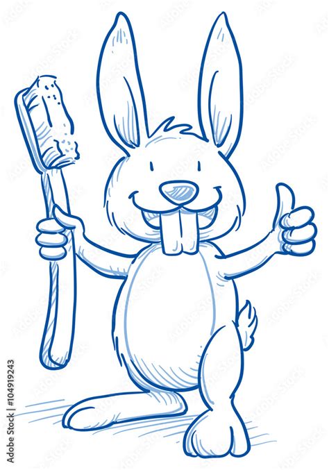 Cute cartoon bunny with shiny teeth, holding a toothbrush, showing ...