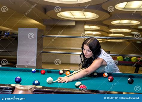 Brunette Woman Playing Billiard Making A Hit Stock Image Image Of Making Brunette