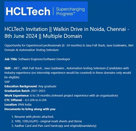 Hcl Walk In Drive 2024 Hiring Software Engineerdeveloper Any Graduate