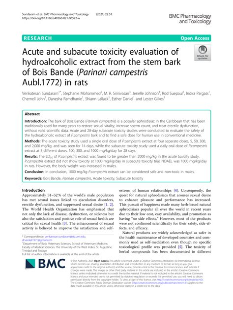 Pdf Acute And Subacute Toxicity Evaluation Of Hydroalcoholic Extract