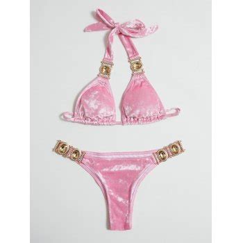 Emmiol Free Shipping Polyester Gold Velvet Sexy Crystal Diamond Bikini Pink S In Bikini