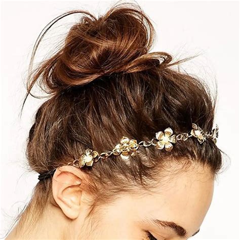 New FashionWomen Metal Head Chain Flower Elastic Hair Band Trendy ...