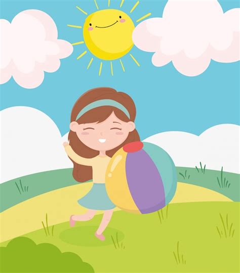 Feliz día de los niños, niña con dibujos animados de nubes de sol de ...